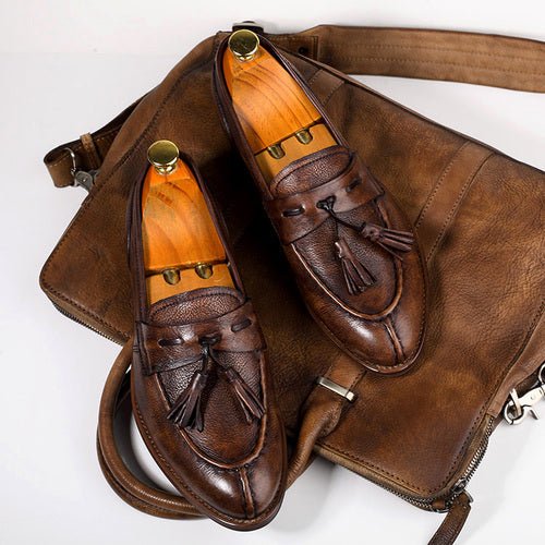 Vintage Pointed Toe Tassel Slip - On Casual Leather Shoes - LiveTrendsX