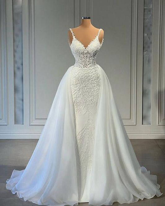 Vintage V - neck Beaded Lace Bridal Wedding Gowns Detachable Train - LiveTrendsX