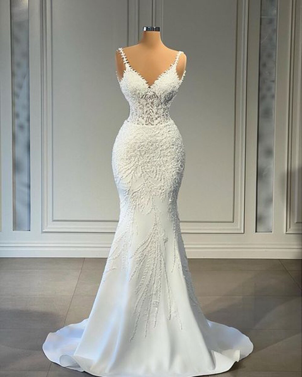 Vintage V - neck Beaded Lace Bridal Wedding Gowns Detachable Train - LiveTrendsX