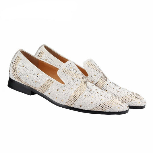 White Suede Leather Formal Rhinestones Flats Mens Shoes - LiveTrendsX
