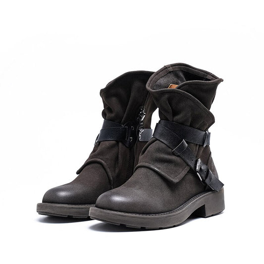 Women ankle boots natural leather plus size vintage belt buckle motorcycle boots - LiveTrendsX