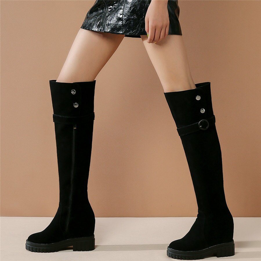 Women Black Genuine Leather High Heel Knee High Military Boots - LiveTrendsX