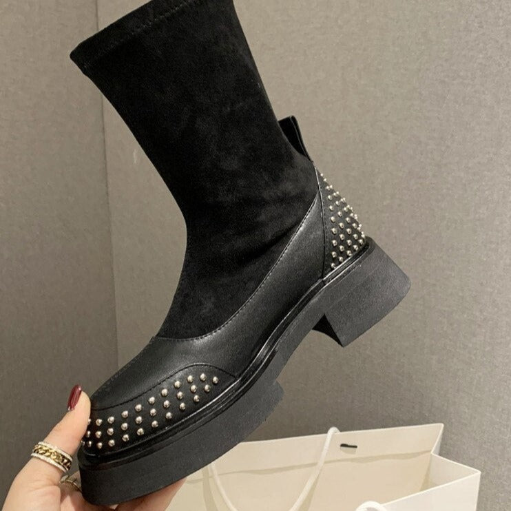 Women Black Motorcycle Boots Chunky Heel Chelsea Boots - LiveTrendsX
