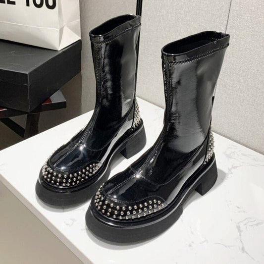 Women Black Motorcycle Boots Chunky Heel Chelsea Boots - LiveTrendsX