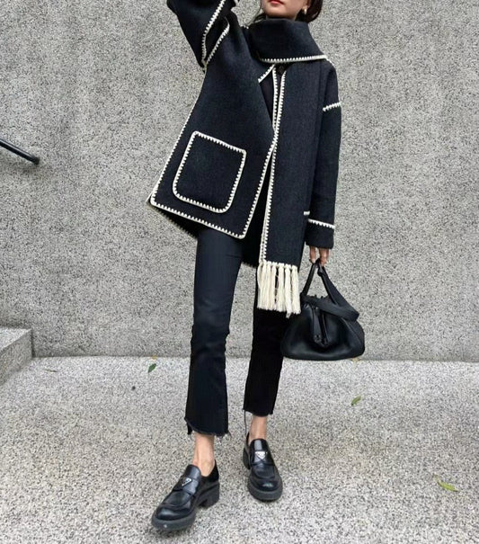 Women Coat Wool Polyester Single Breasted Oversize Casual Scarf Collar - LiveTrendsX