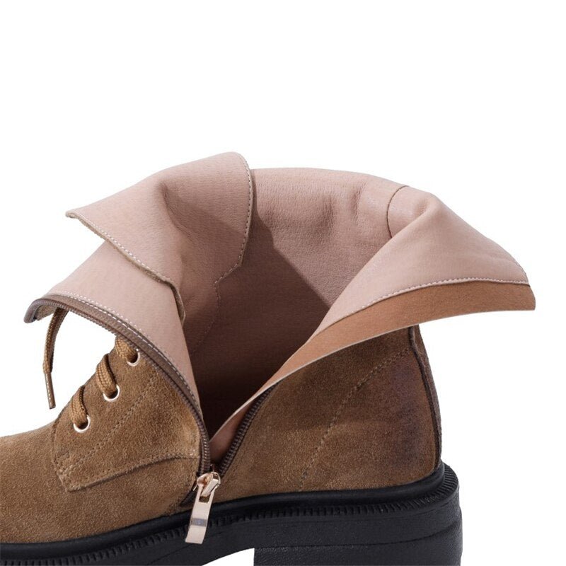 Women Cow Suede Motorcycle Boots Thick High Heel Shoes Square Toe - LiveTrendsX