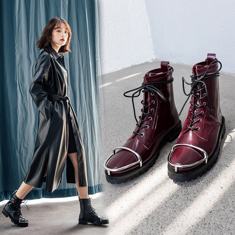 Women cowhide lace up round toe Metal decoration platform boots - LiveTrendsX