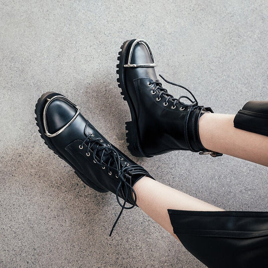 Women cowhide lace up round toe Metal decoration platform boots - LiveTrendsX