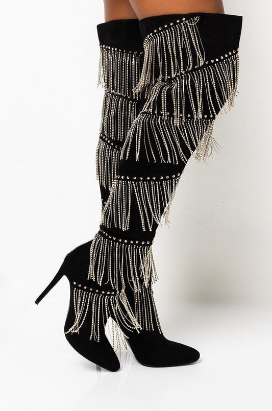 Women Crystal Fringe Over The Knee Boots Pointed Toe Heels Shoes - LiveTrendsX