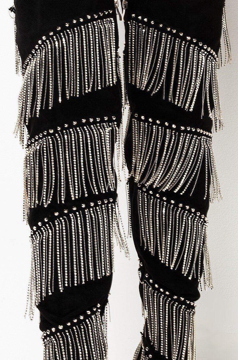 Women Crystal Fringe Over The Knee Boots Pointed Toe Heels Shoes - LiveTrendsX