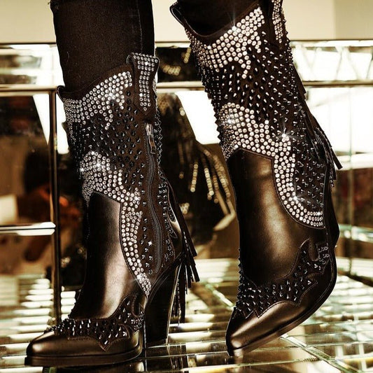 Women Crystal Fringe Western Cowboy Boots Chunky Heels Shoes - LiveTrendsX