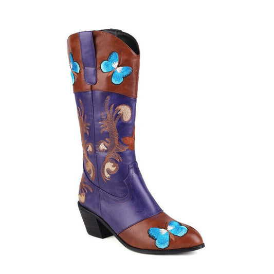 Women Embroidered Pointed Toe Mid Calf Trendy Boots - LiveTrendsX