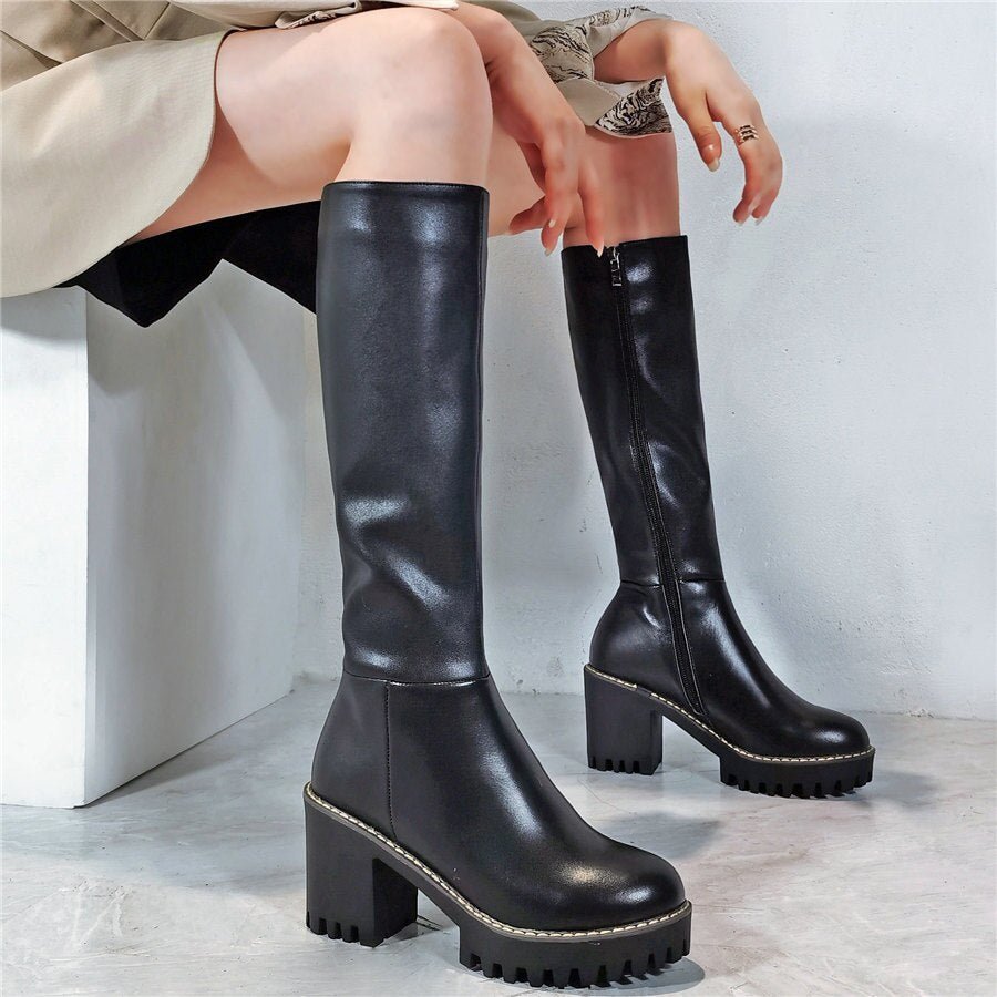 Women Genuine Leather Chunky High Heels Knee High Motorcycle Boots - LiveTrendsX