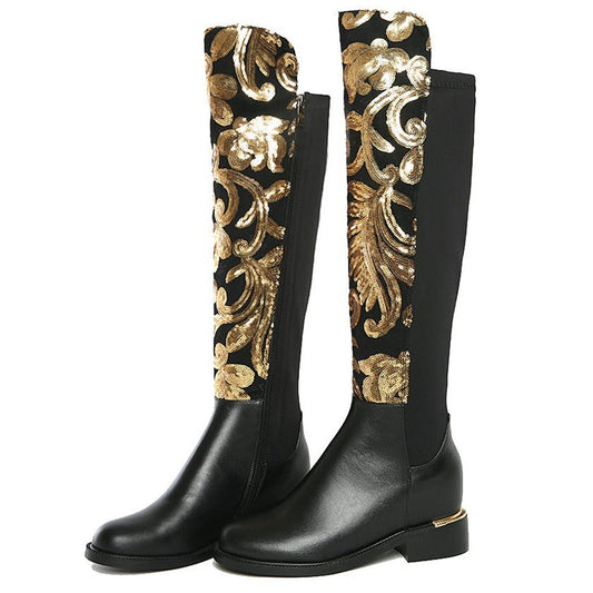 Women Genuine Leather Hidden Wedges Knee High Military Boots Round Toe - LiveTrendsX