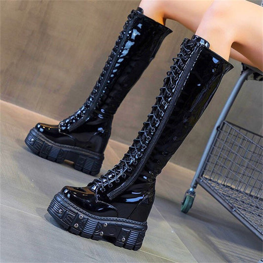 Women Genuine Leather Knee High Boots Platform Wedge High Heels - LiveTrendsX