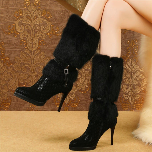 Women Genuine Leather Slim High Heel Mid Calf Boots High Top - LiveTrendsX