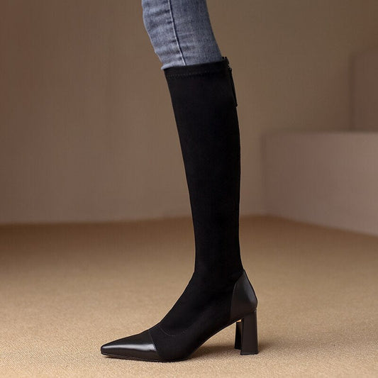 Women Knee - high boots natural leather cowhide back zip elastic boots - LiveTrendsX