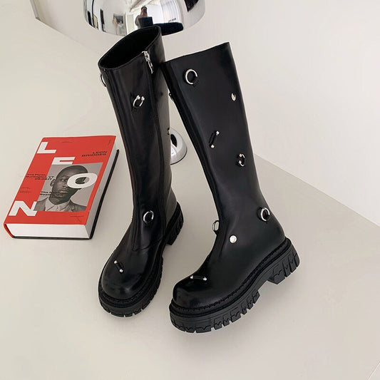 Women knee - high boots natural leather cowhide metal ring platform boots - LiveTrendsX