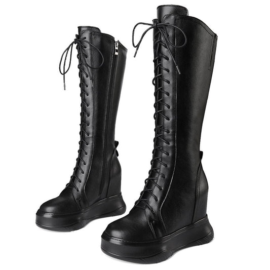 Women Lace Up Cow Leather High Heel Mid Calf Military Boots Round Toe - LiveTrendsX