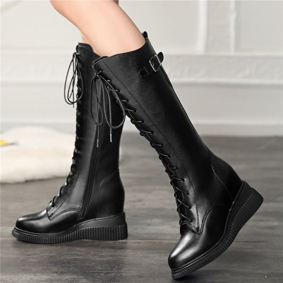 Women Lace Up Genuine Leather High Heel Mid Calf Motorcycle Boots - LiveTrendsX
