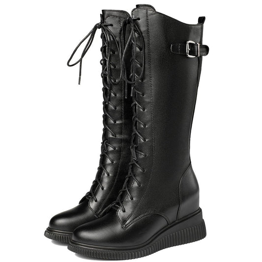 Women Lace Up Genuine Leather High Heel Mid Calf Motorcycle Boots - LiveTrendsX