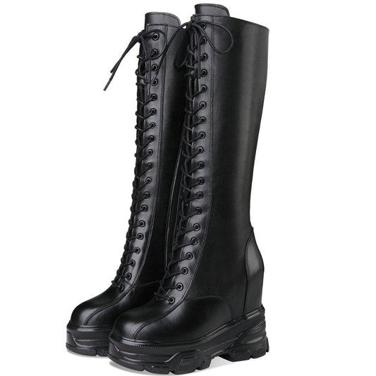 Women Lace Up Strap Cow Leather High Heel Mid Calf Military Boots - LiveTrendsX