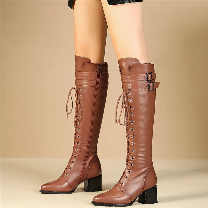 Women Lace Up Strappy Cow Leather Knee High Boots - LiveTrendsX