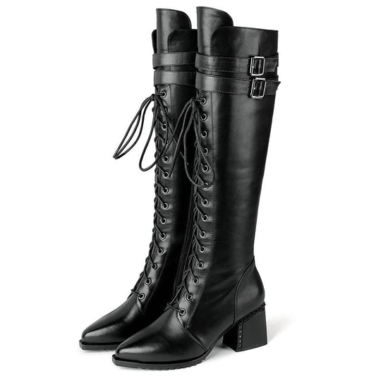 Women Lace Up Strappy Cow Leather Knee High Boots - LiveTrendsX