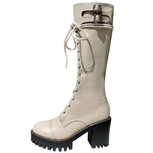 Women Lace Up Straps Genuine Leather Chunky High Heels Motorcycle Boots - LiveTrendsX