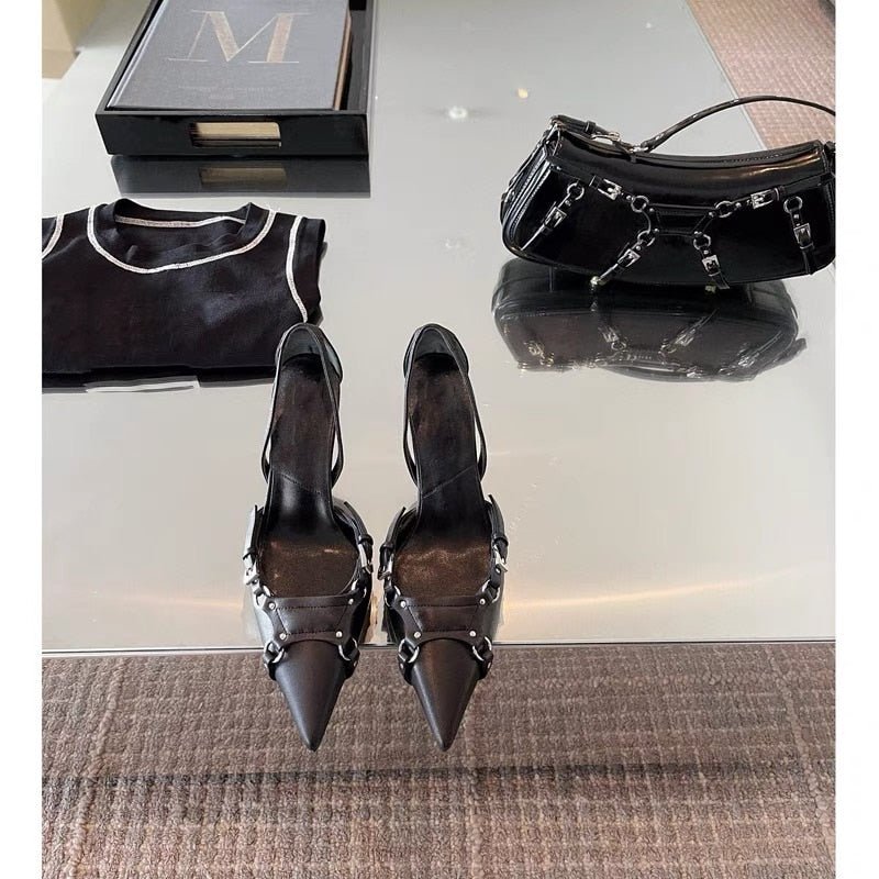 Women Large Size Black Lace Up Clear Pointed Sandals - LiveTrendsX