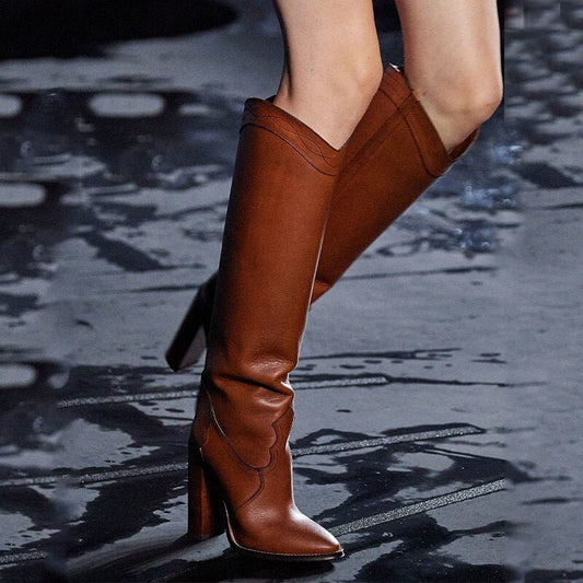 Women Leather Brown Knee High Boots Runway Chunky Heels Shoes - LiveTrendsX