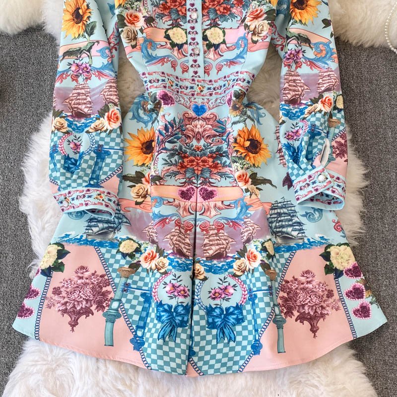 Women Long Sleeve Buttons Flower Printed High Waist Dress - LiveTrendsX