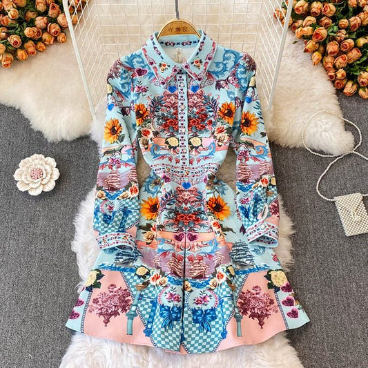 Women Long Sleeve Buttons Flower Printed High Waist Dress - LiveTrendsX