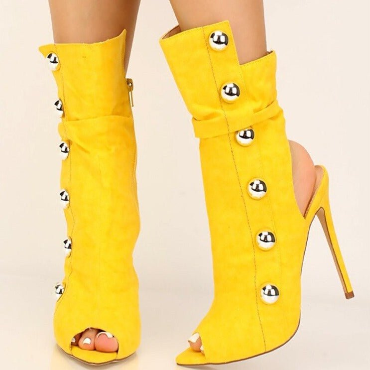 Women Metal Decor Open Toe Stiletto Heel Cut - out Booties - LiveTrendsX