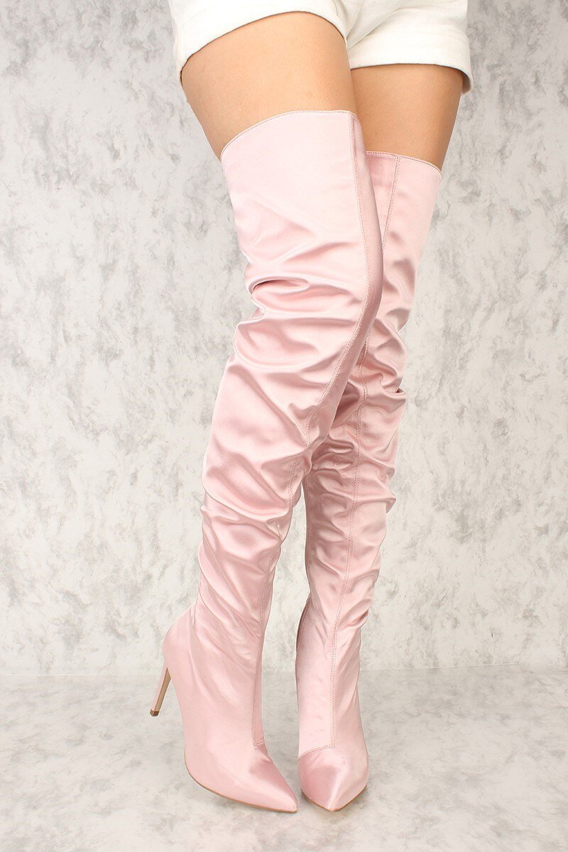 Women Pink Slouchy Thigh High Heels Boots Plus Size - LiveTrendsX