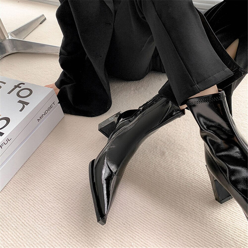 Women Pointed Toe Solid Color Black Thick High - Heeled Shoes - LiveTrendsX