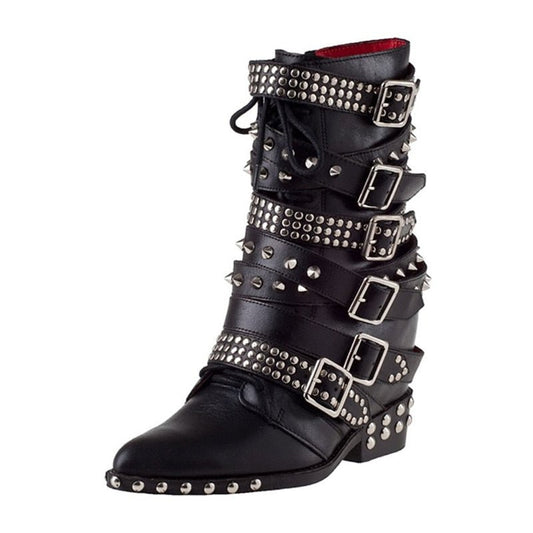 Women Punk Ankle Boots Pointed Toe Buckle Strap Low Heels Shoes - LiveTrendsX