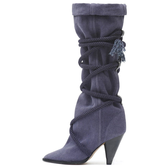 Women Retro Suede Pleated Ankle Boots Cross Tied Belt - LiveTrendsX