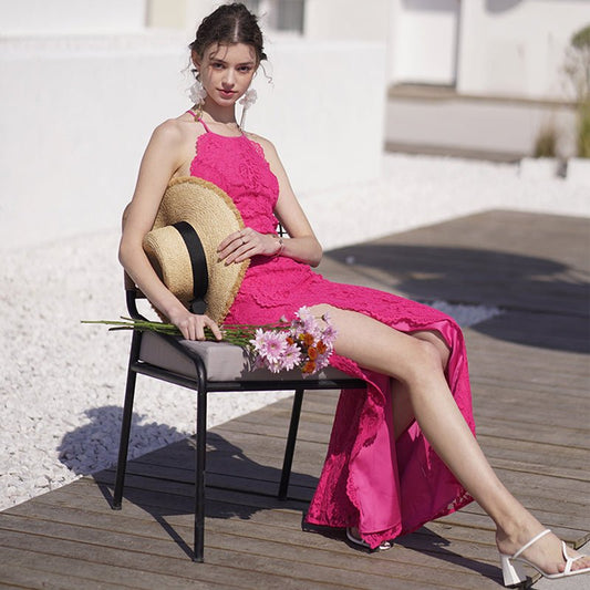 Women rose red lace slit dress - LiveTrendsX