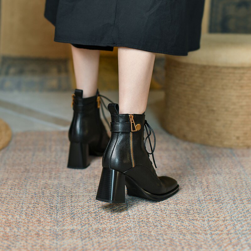 Women vintage cowhide chunky heels platform boots Knight boots - LiveTrendsX