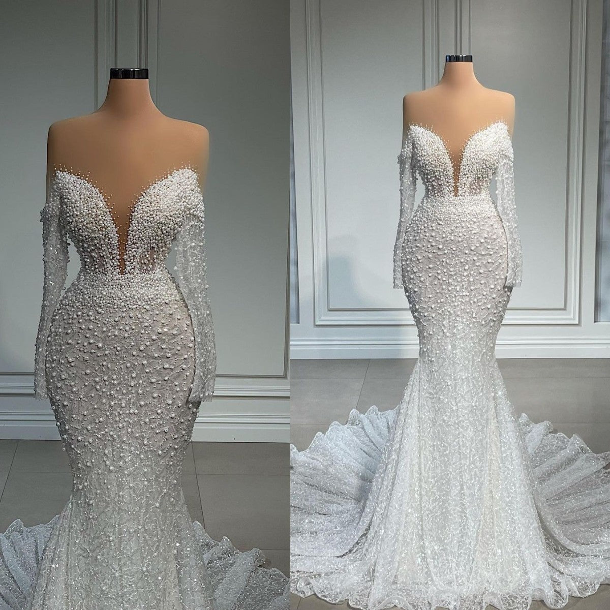 Women Wedding Dress Illusion Beads Bridal Gowns Custom Made - LiveTrendsX
