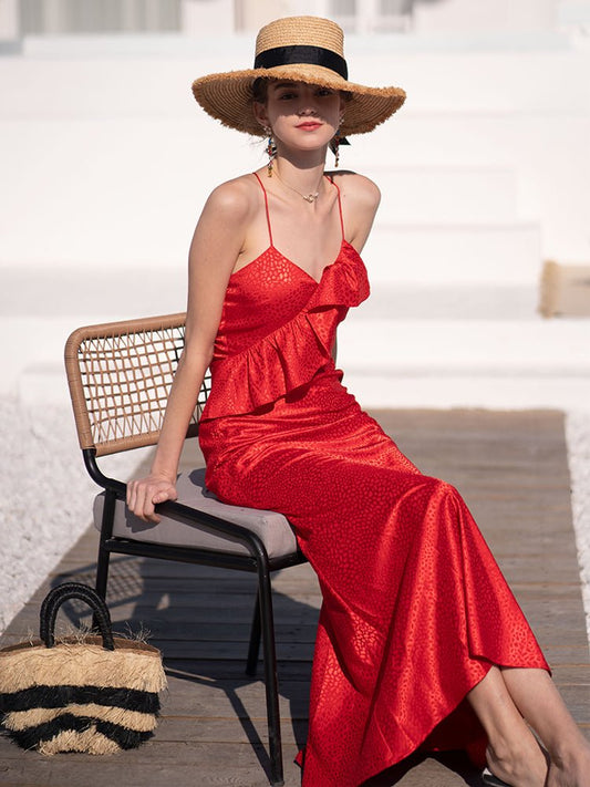 Women's summer lotus leaf large open back long dress - LiveTrendsX