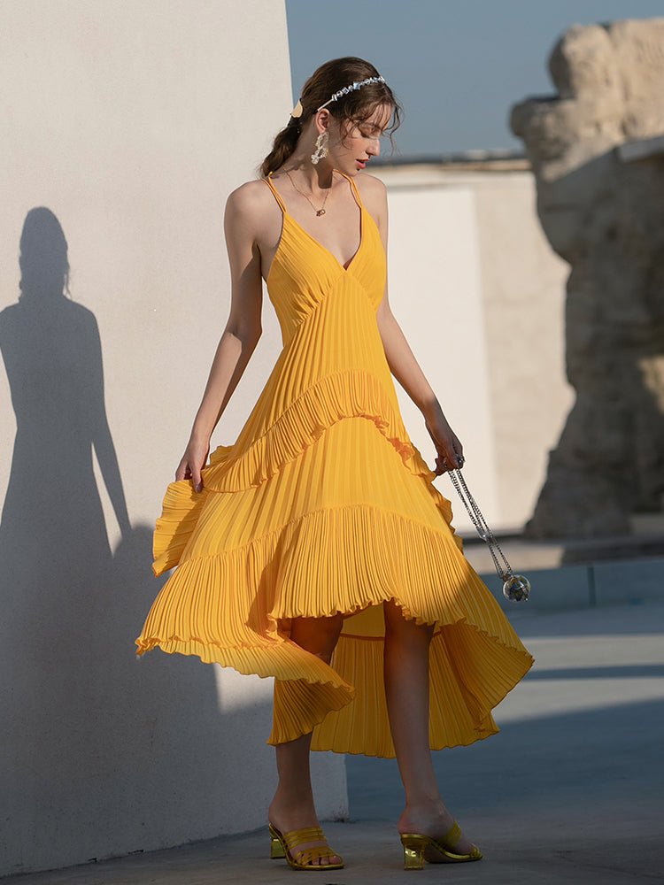 Yellow V - Neck Irregular Pleated Sexy Sling Dress - LiveTrendsX