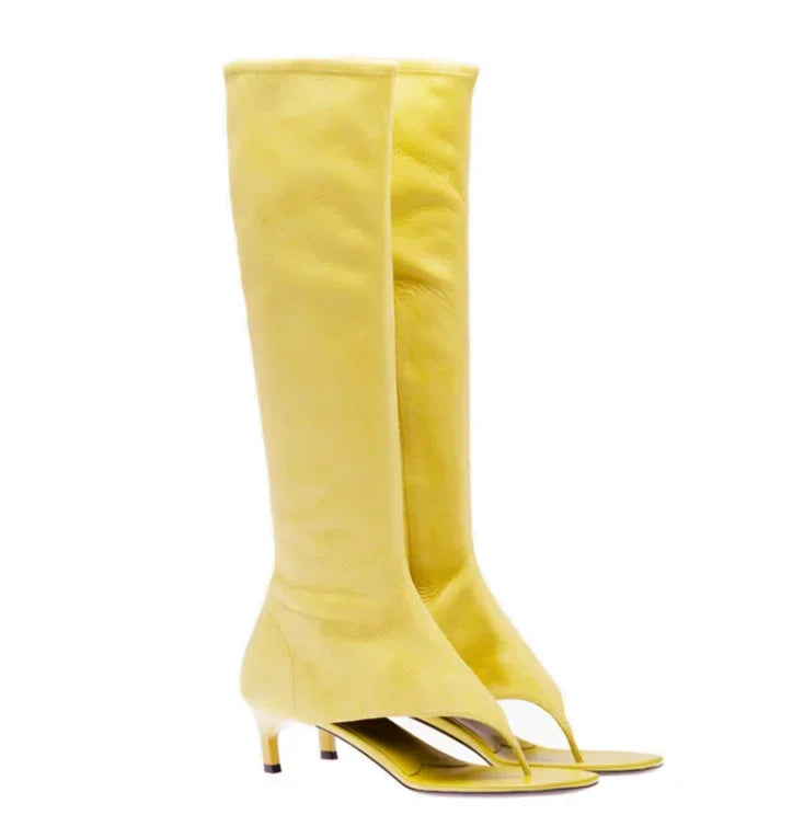 2024 Summer New Peep Toe Flip Sandals Mid Heeled Side Zipper Women's High Tube Boots
