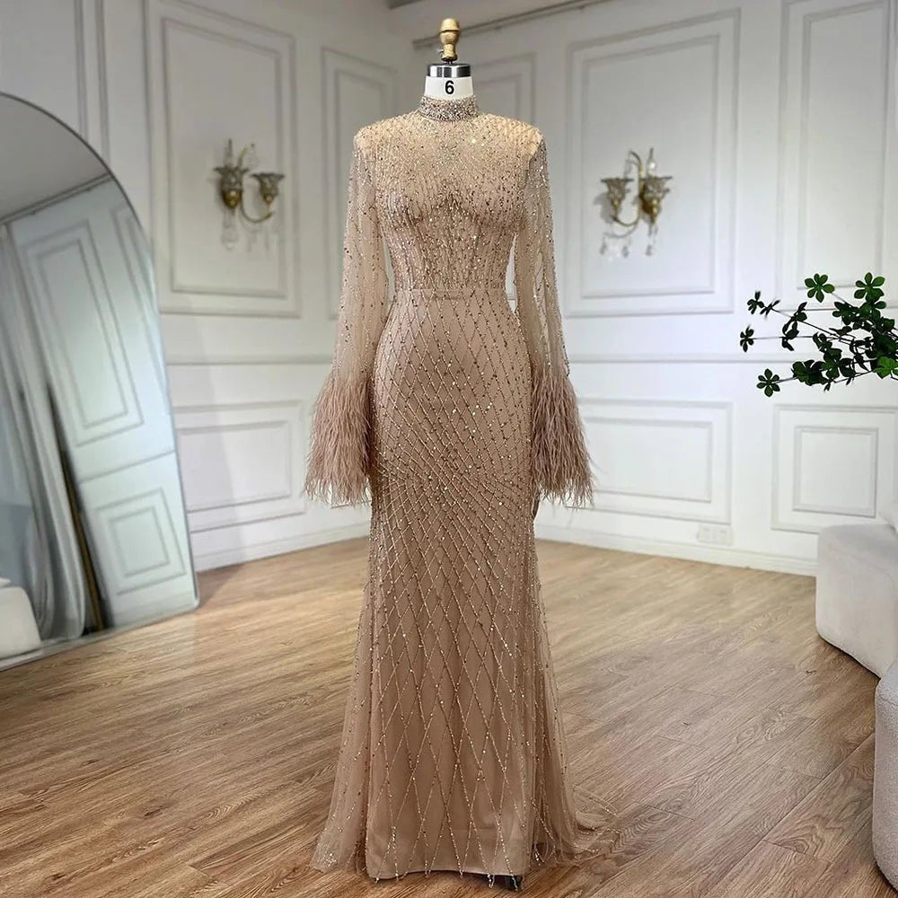 2024 Luxury Nude Beaded Feather Mermaid Evening Dress High Neck - LiveTrendsX