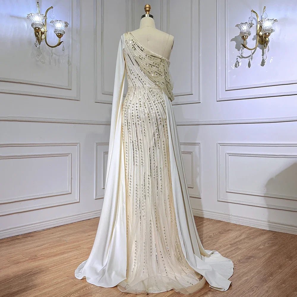 2024 Luxury Satin Beaded Mermaid Evening Dress Sleeveless with Cape - LiveTrendsX