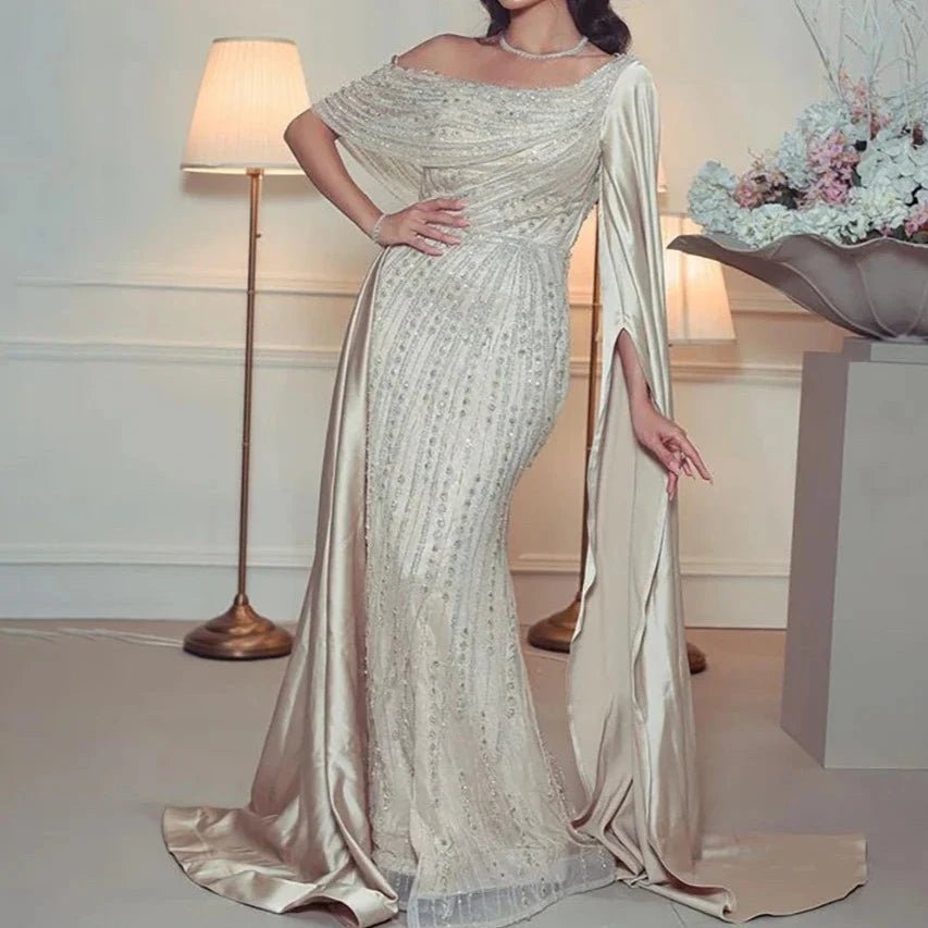 2024 Luxury Satin Beaded Mermaid Evening Dress Sleeveless with Cape - LiveTrendsX