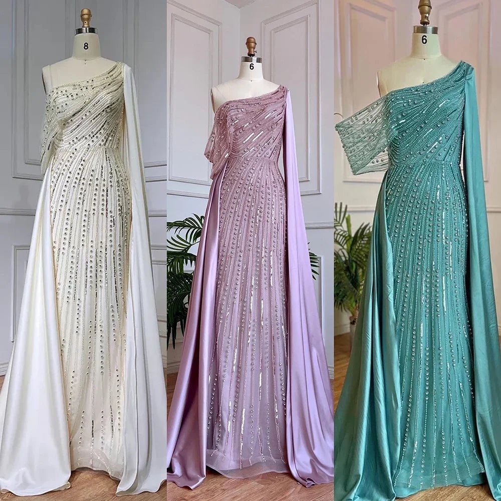 2024 Luxury Satin Beaded Mermaid Evening Dress Sleeveless with Cape - LiveTrendsX