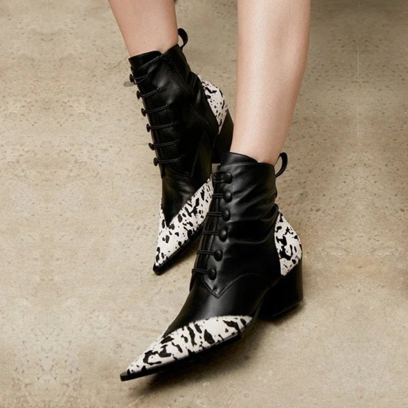 2024 New Fashion Pointed Thick Heel Leopard Pattern Color Block Mid Heel Martin Boots Personalized Side Zipper Mid Cap Boots - LiveTrendsX