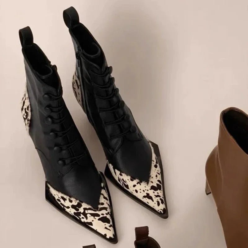 2024 New Fashion Pointed Thick Heel Leopard Pattern Color Block Mid Heel Martin Boots Personalized Side Zipper Mid Cap Boots - LiveTrendsX
